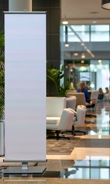 Blank Roll Up Banner Stand in Modern Office Lobby  Awaiting Your Advertisement Design