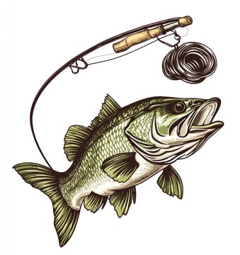 green bass fish with fishing rod clip art preview
