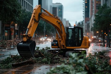 Amidst a bustling urban landscape, an excavator diligently clears debris from the streets after rain, symbolizing the ongoing effort to maintain the city&rsquo;s infrastructure.