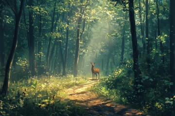 Deer standing on a forest path illuminated by sunlight. Generative AI