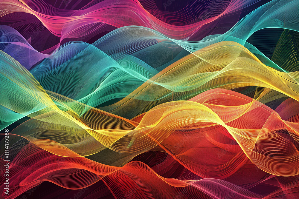 Poster colorful line art waves, undulating across the canvas in rhythmic patterns with each wave a differen