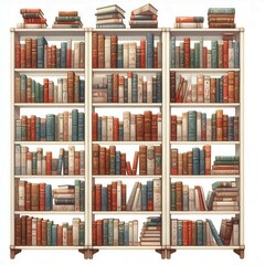 Watercolor bookshelf clipart filled with books of various sizes on white background