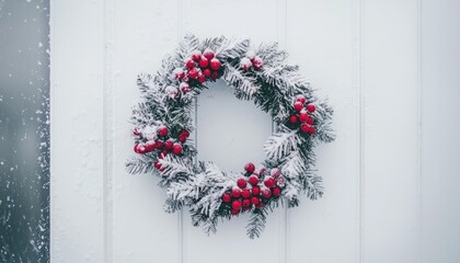 A modest wreath displayed on a white wooden door, featuring a clean background for text.