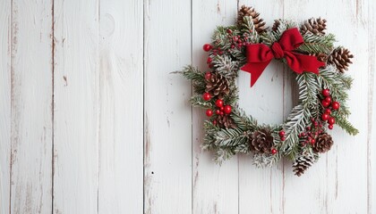 A modest wreath displayed on a white wooden door, featuring a clean background for text.