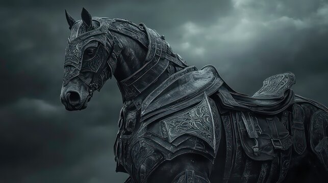 A black and silver armored warhorse in a medieval fantasy setting.