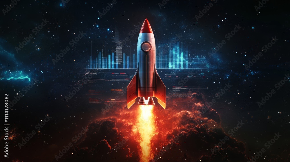 Aufkleber a dynamic image of a powerful rocket ship launching, symbolizing business growth and innovation, wit