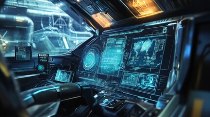 Exploration dashboard interface futuristic spacecraft digital display high-tech environment close-up view cyber innovation