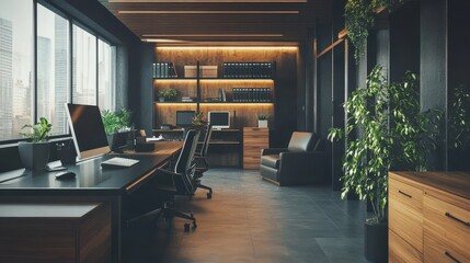 Modern and Cozy Home Office Workspace with Dark Decor