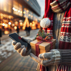 Obraz premium A person wearing a Santa hat and scarf holds a smartphone in one hand and a wrapped gift box in the other, standing in an outdoor urban setting with blurred lights in the background.