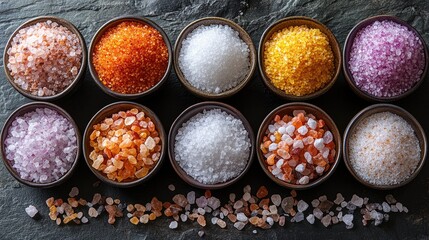 A variety of colorful salts displayed in bowls on a dark surface.