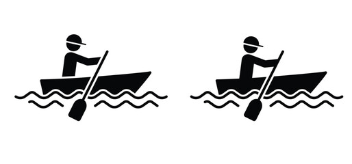 Cartoon rowing boat and paddle icon. Pleasure row boat with oars. Rowing, rower silhouette. Water transport, fishing boat.Maritime kayak boat. Water wave. rowboat for fun and holiday sports. © MarkRademaker