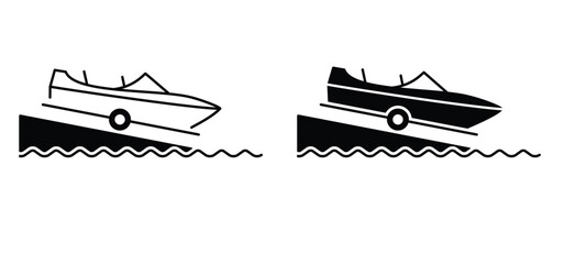 Cartoon speed boat and boat trailer, motor boat launch. Speedboat, water sport concept. Water wave. Holiday or vacation concept symbol. Fast boat or powerboat icon. Line pattern.