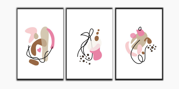 Set of 3 florals organic wall art vector. Flower poster vector collection.