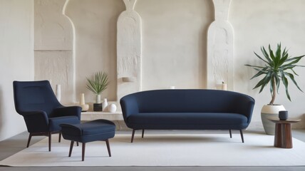 Obraz premium Modern Minimalist Living Room with Stylish Black Sofa and Accent Chair. Explore this elegant minimalist living room featuring a sleek black sofa, accent chair, and stylish decor, perfect for...