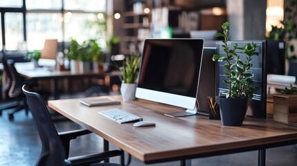 Cozy Home Office Workspace with Computer Monitor and Plants