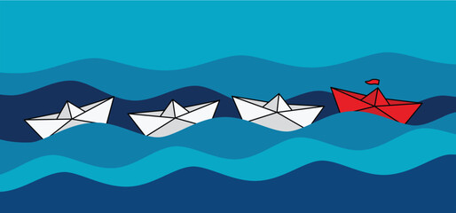 Leadership concept. Business training or team ambition, motivation. Routes, follow the business opportunities. Cartoon paper boat, paper ship. Paper sailing boats. Line folded ships pattern. 
