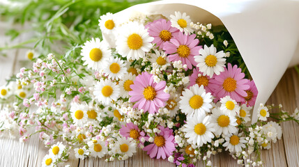 Obraz premium bouquet of assorted wildflowers in white paper, vibrant and fresh