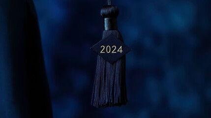 A black mortarboard with "2024" engraved on the tassel, set against a deep navy backdrop.