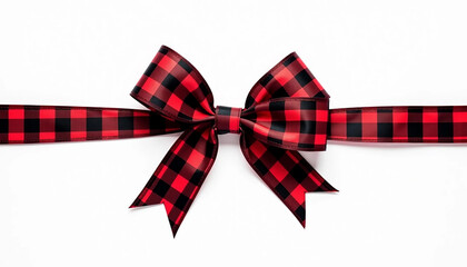 Christmas ribbon tied in a black and red check bow on white background
