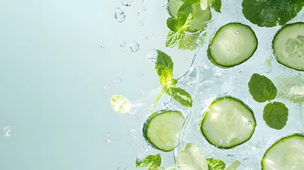 Refreshing cucumber slices and mint leaves in sparkling water