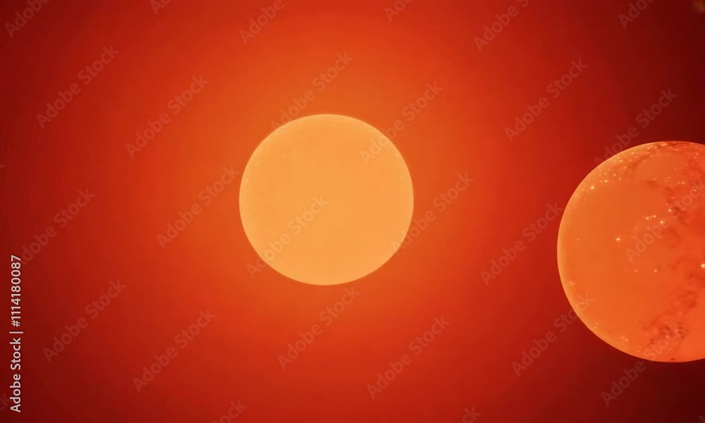 Poster orange-to-red gradient, abstract orbs pulsating with light.