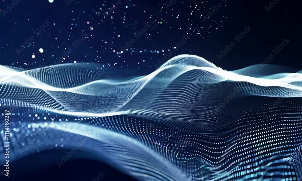 Poster futuristic blue wave technology animation in dark environment. smooth flowing and dynamic digital wa