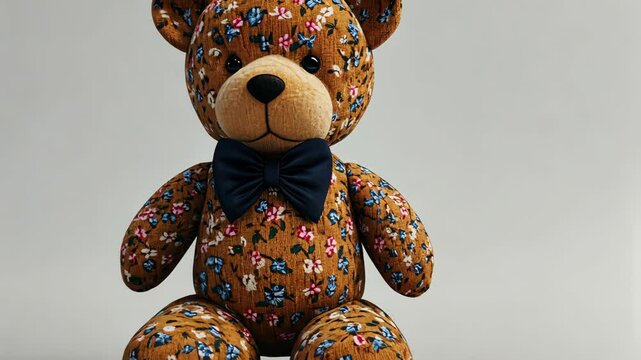 Soft teddy bear with floral pattern and bow tie, perfect for gifting to loved ones
