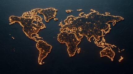 Global Network Abstract representation of a world map with network connections forming a complex web, symbolizing globalization, interconnectedness, and digital transformation.