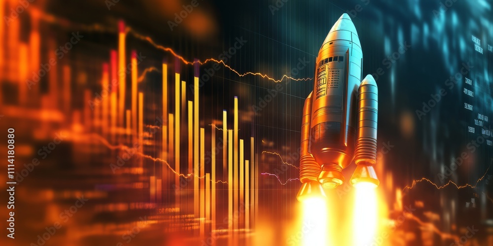 Aufkleber a dynamic image of a rocket ship embarking on its journey against a backdrop of business bar charts,