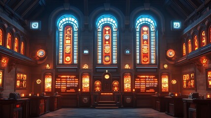 Naklejka premium Gothic Hallway Neon Lights Stained Glass Windows Interior Design