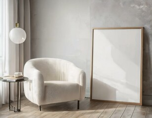 Elegant interior mockup displaying a cozy living room with a framed poster in ISO A paper size for stylish decor.