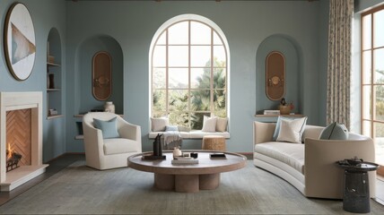Serene Modern Living Room with Natural Light and Elegant Décor. Explore this beautifully designed living room featuring soft hues, cozy furnishings, and large windows that invite nature indo...