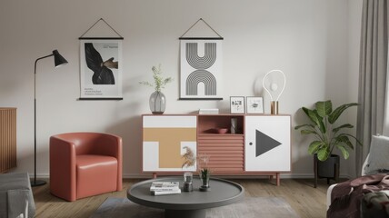 Modern Living Room with Stylish Decor and Furniture. Contemporary interior design featuring elegant furniture, artwork, and plants, creating a cozy and inviting atmosphere.