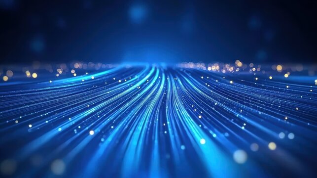 networking Technology and Communication Bright glowing lines and dots forming a dynamic network, data packets traveling at high speed, representing fast and reliable communication.