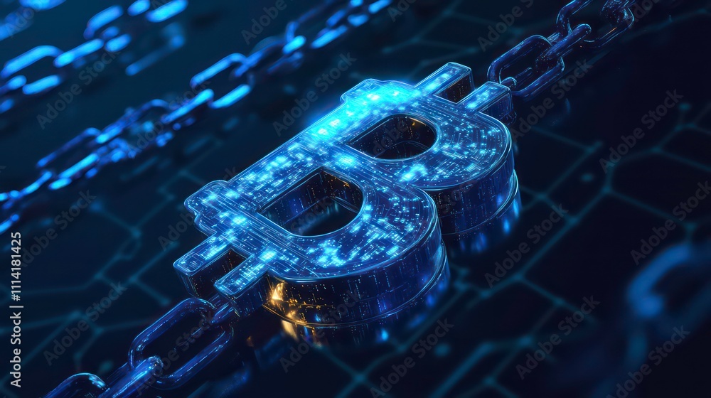 Poster Glowing Bitcoin symbol on a circuit board background, representing cryptocurrency and blockchain technology.