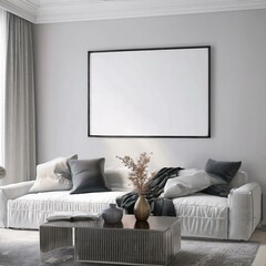 Cozy living room interior mockup with a stylish ISO A paper size frame, showcasing beautiful wall art and modern design elements.