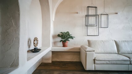 Elegant Minimalist Living Room with Contemporary Decor. Explore this serene minimalist living room featuring a stylish white couch, potted plant, and modern decor elements.