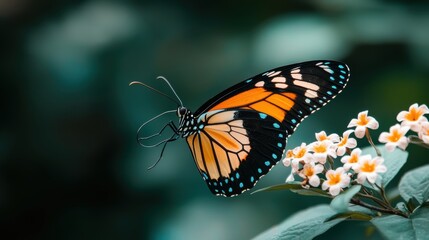 Fototapeta premium Vibrant Nature Close up of a butterfly with brightly colored wings perched on a flower, capturing the delicate beauty of nature.