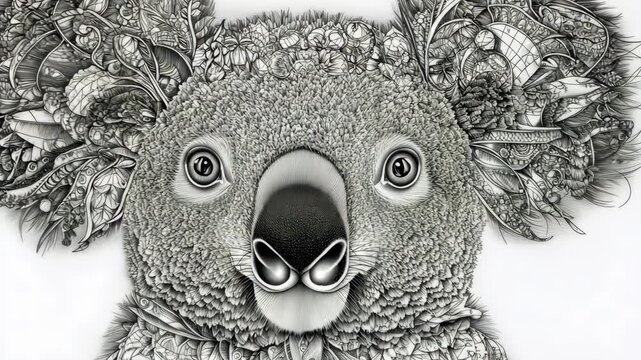Koala surrounded by intricate floral patterns in detailed black and white sketch art