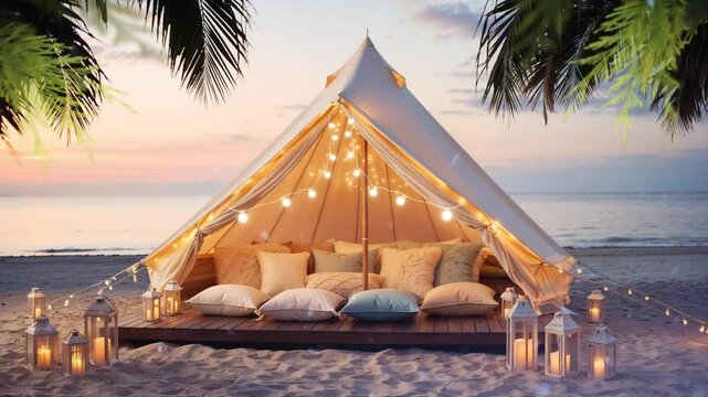 Romantic scene with sparkling lights, under the coconut trees on the edge of the orphanage at sunset, Smooth looping video with 4K animation 
