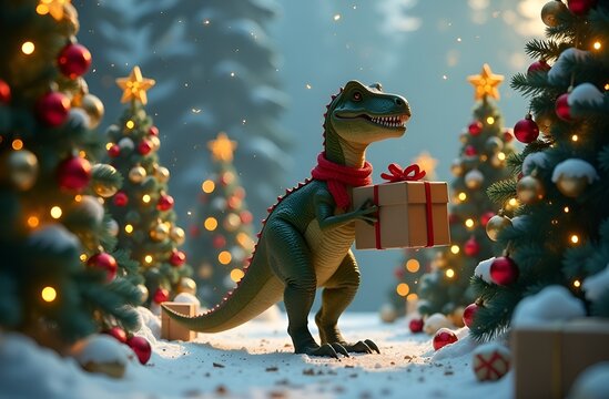 A tyrex dinosaur in a scarf holds a box with a red bow on the background of a Christmas tree. Dinosaur courier delivers gifts for the new year. The concept of express delivery for the holidays