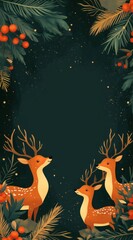Fototapeta premium Adorable reindeer cartoon on dark green with Christmas decorations