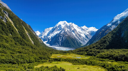 Fototapeta premium glacial climate mountain temperature. Majestic snowy peaks surround lush green valley no body
