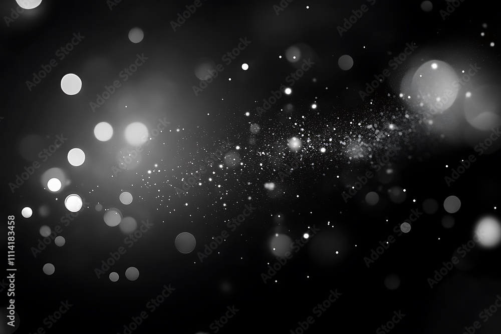 Poster Abstract black background with white bokeh lights and particles.