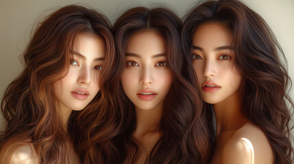 Fototapeta premium Three women with long, flowing hair showcase diverse hairstyles and expressions against a neutral backdrop