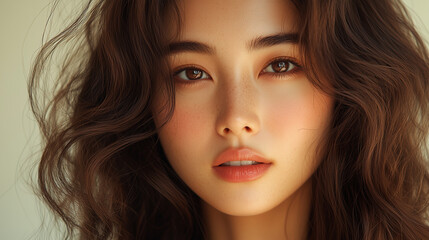 Beautiful Korean woman with wavy hair showcasing effortless elegance in natural lighting at home