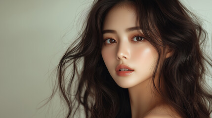 Naklejka premium Young Korean woman with flowing hair poses gracefully against a soft background in a serene indoor setting