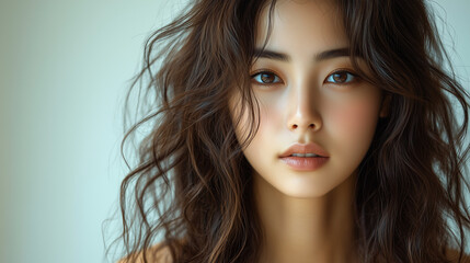 Fototapeta premium Stunning portrait of a Korean woman with flowing hair, captured in soft light in a serene indoor setting