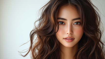Fototapeta premium Beautiful Korean woman with wavy hair posing against a simple background