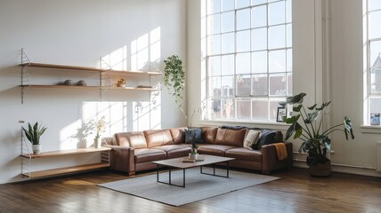 Modern Living Room with Leather Sofa and Abundant Natural Light. Bright and airy living room featuring a stylish leather sofa, wooden shelves, and indoor plants, perfect for contemporary hom...